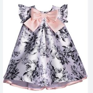 Floral Satin Dress with Pink Bow